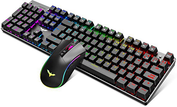 havit Teclado mecánico Gaming y ratón Español Teclados Gaming con Cable, Azul Anti-Efecto Fantasma de 105 Teclas, 4800DPI Ratón Gaming programable, Negro