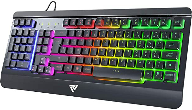 VicTsing Teclado Gaming Español USB, LED Rainbow Retroiluminación con 12 Teclas Multimedia y 19 Teclas Anti-ghosting, Teclado Retroiluminado de Panel Completamente Metálico