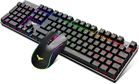 havit Teclado mecánico Gaming y ratón Español Teclados Gaming con Cable, Azul Anti-Efecto Fantasma de 105 Teclas, Ratón Gaming programable, Negro