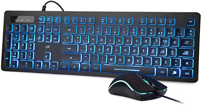 Rii Rk105 RGB Teclado y Ratón Retroiluminado con Cables ,Pack de teclado y ratón para gamers para PC Gamers, Oficina, Diseño Gráfico
