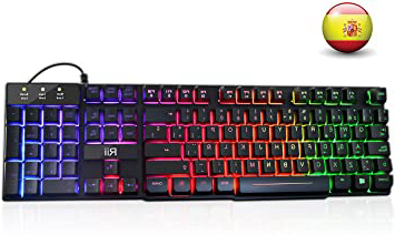 Rii RK100+ Novedoso Teclado USB Retroiluminado,Colores Rainbow y Panel metálico Resistente,Alta sensibilidad Ideal para Jugar, QWERTY con Layout Español Teclado espandido.