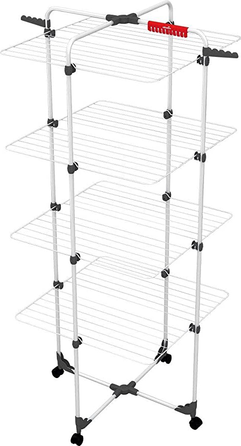 Vileda Mixer 4 - Tendedero vertical de torre de acero, 40 metros de espacio de tendido, 4 rejillas, soporte para ropa pequeña y perchas, dimensiones abierto 169 x 71 x 71 cm, color blanco