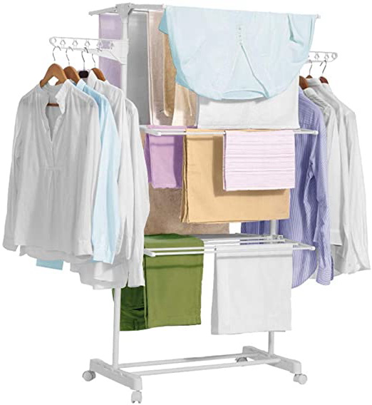 Novohogar Tendedero de Ropa Plegable Vertical. 3 Niveles Dobles más 2 Alas Laterales. Tendedero Compacto con Ruedas