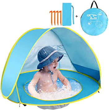 Lixada Pop Up Tienda Playa , Impermeable y Anti-UV, Tienda Infantil Plegable Automático con Una Piscina Interior para Bebés Niños que Juegan en Playa Jardín Parque Casa(Azul)
