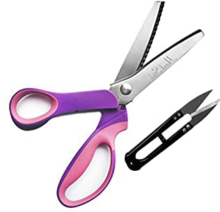 Tijeras Dentadas de Costura con Cortahílos - Tijeras Zigzag para Tela - Tijeras Profesional y Resistentes Acero Inoxidable para Bordado, Confección, Papel, Manualidades (Rosa)