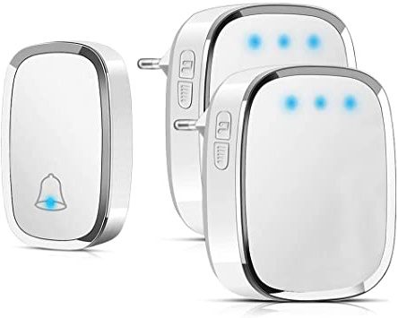 Timbre Inalámbrico , otumixx Timbre Inalámbrico Exterior Impermeable, 2 Receptores y 1 Transmisor, Alcance a 300 M, LED Flash, 4 Volumen Ajustable 36 Melodías, Timbre Inalámbrico para Puerta - Blanco