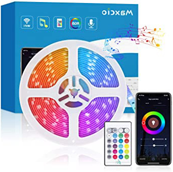 Alexa Tira LED RGB Wifi, Maxcio Tira LED Regulable Control de Voz y APP, Google Home Tira LED Sincroniza con la Música, 16 colores 300 Leds con Control Remoto, Decorativas para Fiesta, TV (5M)