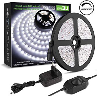 LE LED Luces de Tiras Regulables, 5M 1200lm, Blanco Frío 6000K, 300 LEDs, Enchufe en la tira de luz para gabinete, armario y más, Incluido Fuente de alimentación de 12V y regulador de intensidad
