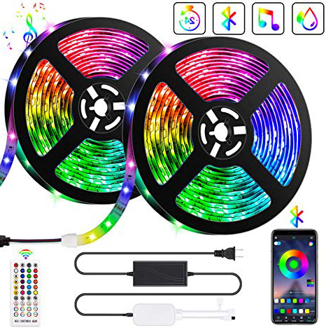 10M Bluetooth Tiras LED Musical 5050 RGB, Akapola Tiras de Luces LED Iluminación con 12V 300 LEDS, Función Musical, Horario Personal, Control de APP y de Control Remoto, Impermeable IP65, Adaptador.