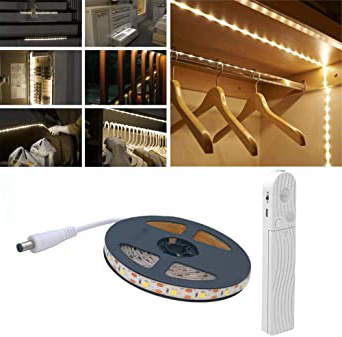 Luz de armario para sensor de movimiento, 2M 120 LED 6500K Tira de LED blanca, USB o con batería, Armario, Debajo del gabinete, Escaleras, Cajón, Alumbrado nocturno de la cama