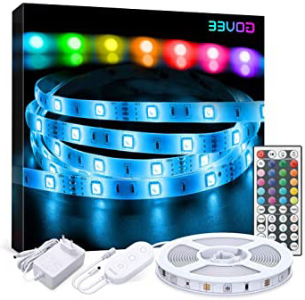 Tiras LED, Govee Tira LED 5M RGB con Control Remoto de 44 Botones y Caja de Control, Luces LED 5050 SMD LEDs 20 Colores 8 Modos y DIY para la Habitación, Dormitorio,12V 1.5A