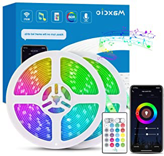 Alexa Tira LED RGB Wifi, Maxcio Tira LED Regulable Control de Voz y APP, Google Home Tira LED Sincroniza con la Música, 16 colores 300 Leds con Control Remoto, Decorativas para Fiesta, 10 metros