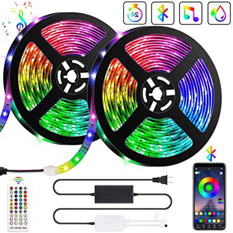 10M Bluetooth Tiras LED Musical 5050 RGB, Akapola Tiras de Luces LED Iluminación con 12V 300 LEDS, Función Musical, Horario Personal, Control de APP y de Control Remoto, Impermeable IP65, Adaptador.