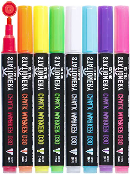Stationery Island D30 - Rotuladores de Tiza Líquida, Borrado en Seco, Punta Fina Redonda 3mm - Pack de 8 Colores