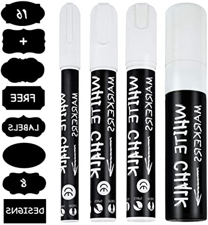 Tiza Liquida Blanco, UlifeME Rotuladores de Tiza 3mm, 6mm, 10mm y 15mm para Pizarra Negra & Cristal, Seco y Húmedo Tinta Borrable, 4pcs Marcadores Líquida Blanca + 16pcs Pizarra Etiquetas Rotulador