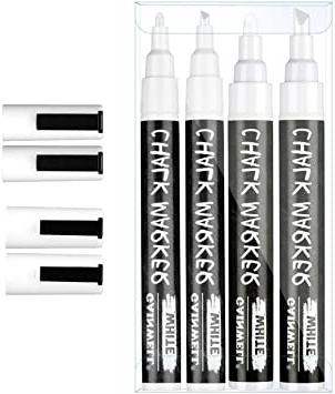GAINWELL Marcadores de tiza líquida blanca Puntas de 3 y 6 mm - Para pizarra, pizarra blanca, Vidrio - Paquete de 4 - Lapicero borrador a base de agua