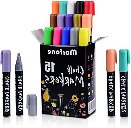 Morfone Rotuladores de tiza líquida , rotuladores pizarra blanca ,Juego de 15 marcadores de tiza colores con pinzas + trapo+ 32 etiquetas para pizarra blanca, álbum de fotos DIY ,cerámica, cristal