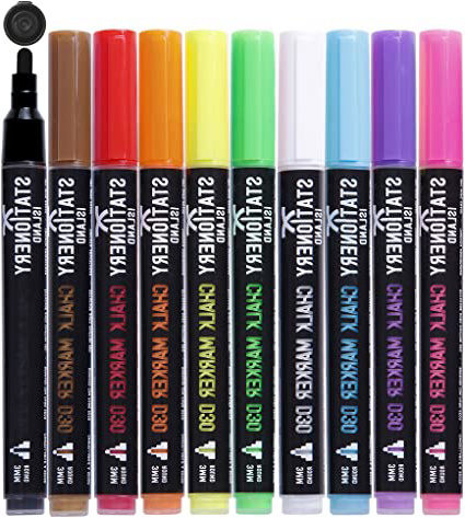 Stationery Island D30 - Rotuladores de Tiza Líquida Borrado con Paño Húmedo, Punta Fina Redonda 3mm - Pack de 10 Colores