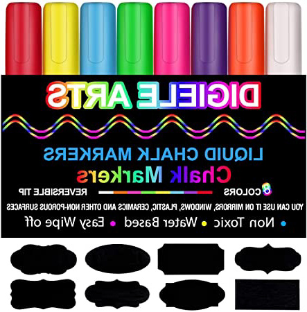 Rotuladores de Tiza Líquida, DIGIELE 8 Llamativos Colores con 32 Etiquetas Reusables, Punta Reversibles 6mm, Borrado en Paño Seco o Húmedo, para Pizarras, Restaurantes, Ventanas o Cristal