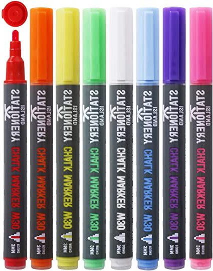 Stationery Island W30 - Rotuladores de Tiza Líquida Borrado con Paño Húmedo, Punta Fina Redonda 3mm - Pack de 8 Colores