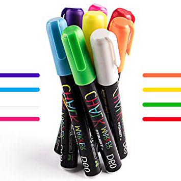 Rotuladores de Tiza Líquida GAINWELL-8 Llamativos Colores-Punta 6mm- para Superficies no Porosas-Pizarra, Vidrio, Cerámica-Sin Manchas o Polvo de Tiza