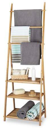 Relaxdays Handtuchhalter Bambus, Faltbar, Kleiner Kleiderständer, 3 Ablagen, 3 Handtuchstangen, 4 seitliche Haken, HxBxT: 152 x 53 x 31 cm, Holz, Natur Toallero Plegable, Bambú, Marrón, 31x53x152 cm