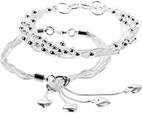 Lictin Pack de 2 Pulseras de Mujeres Plateada de Plata 925 Estilo Borla Corazon Fleco Brazalete de Mujer 20cm Regalo Cumpleaños Navidad El día de San Valentin Boda