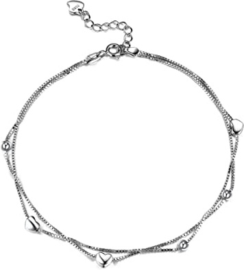Lydreewam Tobilleras Mujer de Plata de Ley 925, Cadena de 2 Capas, Playa, Sandalia, Descalzo, Love Heart