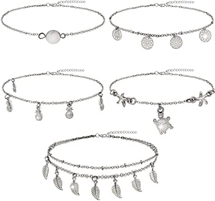 Suyi 5 Piezas Cadenas De Tobillera De Encanto Ajustable para Las Mujeres Conjunto De Joyas De Cadenas De Pie De Playa Delgadas Atractivas