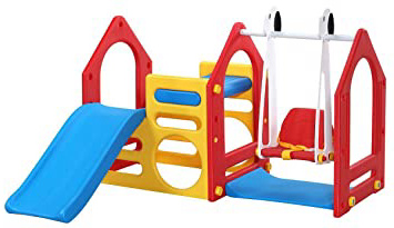 LittleTom Casa de Juegos para niños y niñas de 1 a 6 años con Tobogán + Columpio + Paneles de Escalada 155x135cm para Interior y jardín Rojo Azul Amarillo
