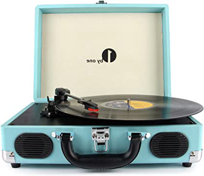 1 BY ONE Tocadiscos con Placa giratoria de 3 velocidades y Altavoces incorporados, Salida RCA, Auriculares, MP3, reproducción de música de móviles, Turquesa