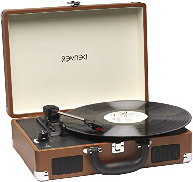Tocadiscos Denver VPL-118 de Tres velocidades 33 1/3,45,78 RPM. Altavoces 2 W. Marrón.