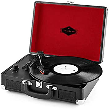 auna Peggy Sue Black Edition - Tocadiscos, Reproduce 3 tamaños de Vinilo, Altavoces Integrados, Equipo estéreo LPs, Puerto USB, Digitalizador MP3, Salida de línea RCA, Maletín Look Retro, Negro