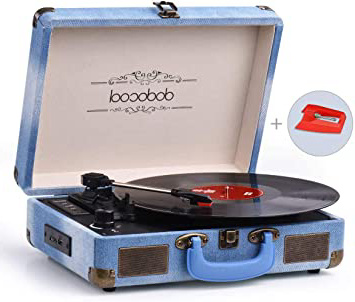 dodocool Tocadiscos Blue Tooth de Estilo Vintage, Giradiscos de Tres Velocidades con Altavoces Estéreo, Salida RCA, Conector para Auriculares, Grabación por USB y Tarjetas SD, Azul