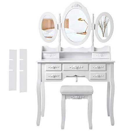 SONGMICS Tocador, Taburete y Espejo, 7 cajones, 3 Espejos, Dimensions (L*W*H): 90.0 x 40 x 145 cm