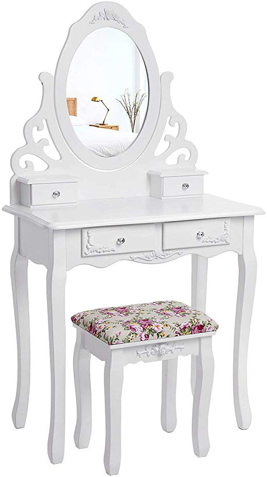SONGMICS Tocador con cajones y Taburete Blanco 75 x 40 x 139 cm RDT04W