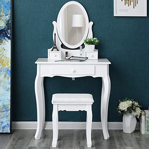 SONGMICS Tocador Mesa de Maquillaje Belleza 3 Cajones Espejo Oval Taburete Acolchado 70 x 40 x 130 cm RDT004