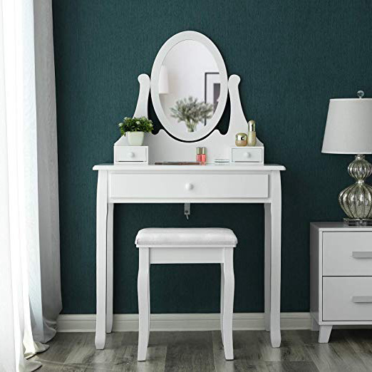 SONGMICS Tocador con cajones, Espejo y Taburete Mesa de Maquillaje Blanco RDT002