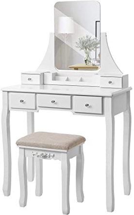 VASAGLE Tocador moderno, Mesa de Maquillaje en MDF y Pino, con Espejo sin Marco, con Caja Móvil, Taburete de Madera de Goma, 5 Cajones, para Dormitorio, Vestidor, Blanco RDT25WT