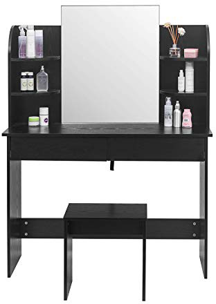 WOLTU Tocadores con Taburete y Espejo Mesa de Maquillaje Brillante con 4 Estantes 108x40x142cm Negro MB6044sz