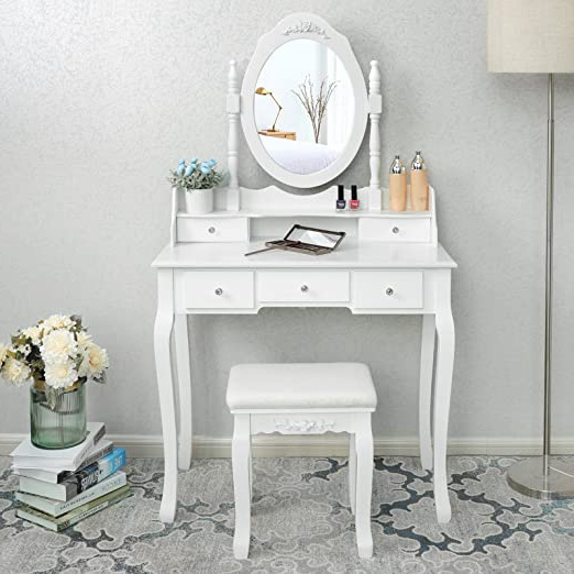 SONGMICS Blanco Tocador Mesa de Maquillaje Belleza 5 Cajones Espejo Giratorio Taburete Acolchado RDT15W