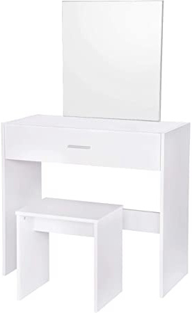 WOLTU Tocador Mesa de Maquillaje Tocador con 1 Espejo y 1 Taburete Cajones MDF y Madera de Pino Macizo Blanco MB6043ws