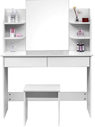 WOLTU Tocadores con Taburete y Espejo Mesa de Maquillaje Brillante con 4 Estantes 108x40x142cm Blanco MB6044ws