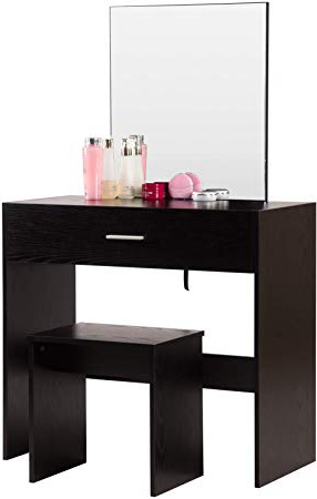 WOLTU Tocador Mesa de Maquillaje Tocador con 1 Espejo y 1 Taburete Cajones MDF y Madera de Pino Macizo Negro MB6043sz