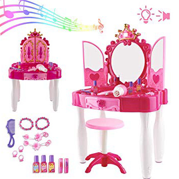 deAO Centro de Belleza Mesita Glamurosa Infantil Tocador de Maquillaje con Espejo, Taburete y Accesorios Incluidos Luces y Sonidos