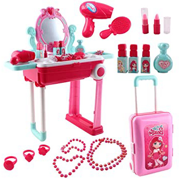 deAO Centro de Belleza Set Mesita Tocador Plegable en Maleta Convertible Maletín de Juegos con Accesorios, Luces, Sonidos