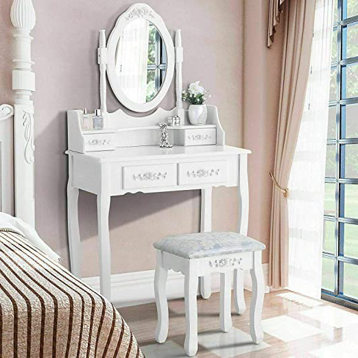 Iglobalbuy Tocador, Escritorio de Maquillaje con Taburete, Mesa de cosmética Blanca con Espejo para el Dormitorio (BDT1204)