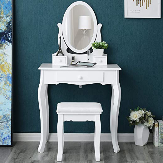SONGMICS Tocador Mesa de Maquillaje Belleza 3 Cajones Espejo Oval Taburete Acolchado 70 x 40 x 130 cm RDT004