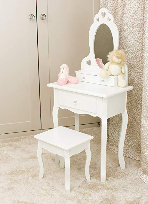 Tocador con taburete y espejo de niñas | Tocadores de maquillaje para niños pequeños, ideal para niñas de 3 a 7 años | Tocador blanco, Mesa de Maquillaje con 3 cajones, juguetes de niñas tocador