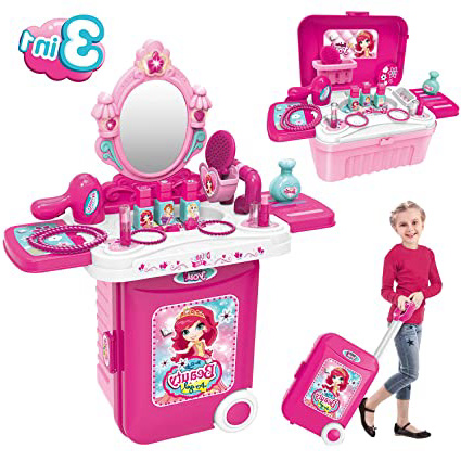 Dreamon Maleta de Maquillaje Conjunto Maletín de Juegos 3 en 1 Tocador con Accesorios Espejo con luz para niños